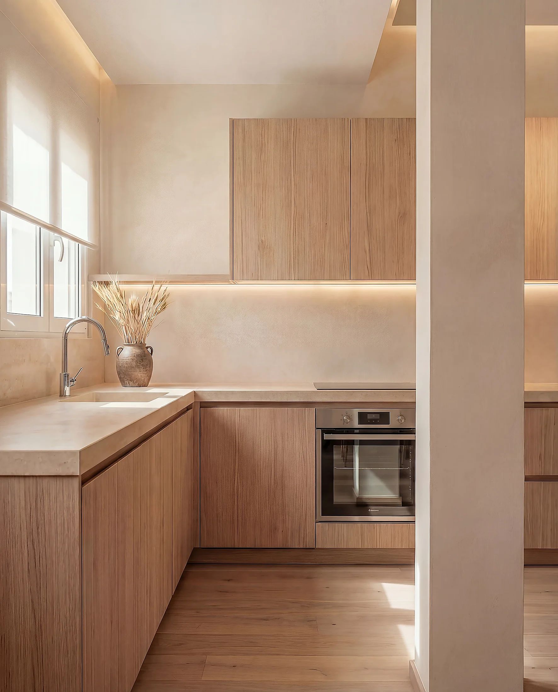 Modern kitchen renovation in Costa Blanca. Light oak cabinets and custom storage by Puntoreforma